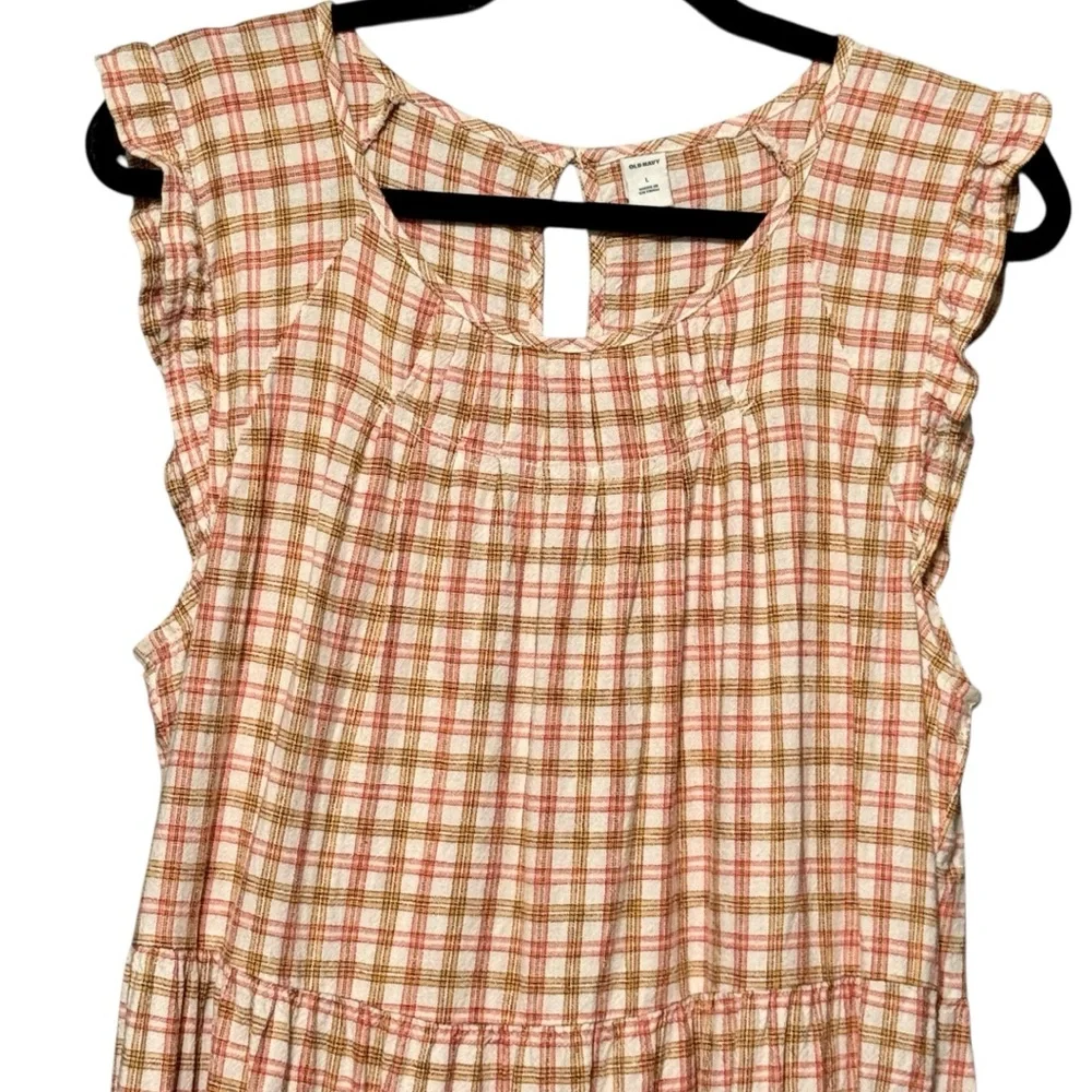 Old Navy Tiered Linen Blend Flutter Sleeve Swing Plaid Tiered Ruffle Dress - Picture 3 of 11